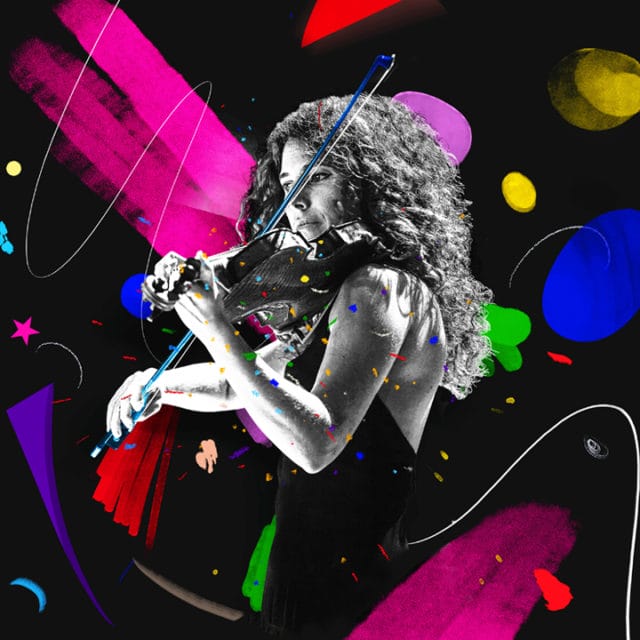 A violinist with long curly hair stands against a black background with bright abstract shapes surrounding her.