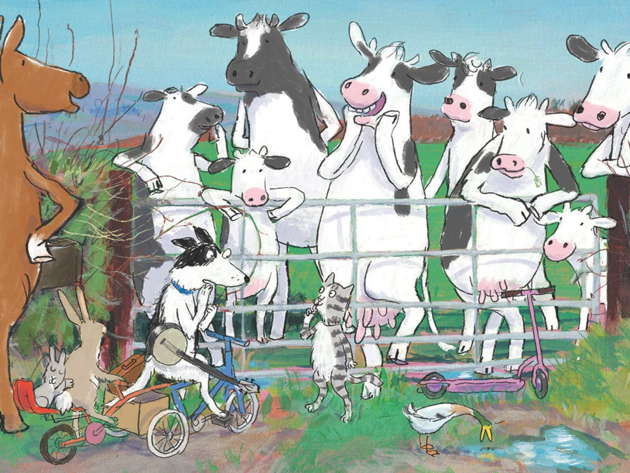 A drawing of Stan the dog and Mabel the cat meeting cows in a field.