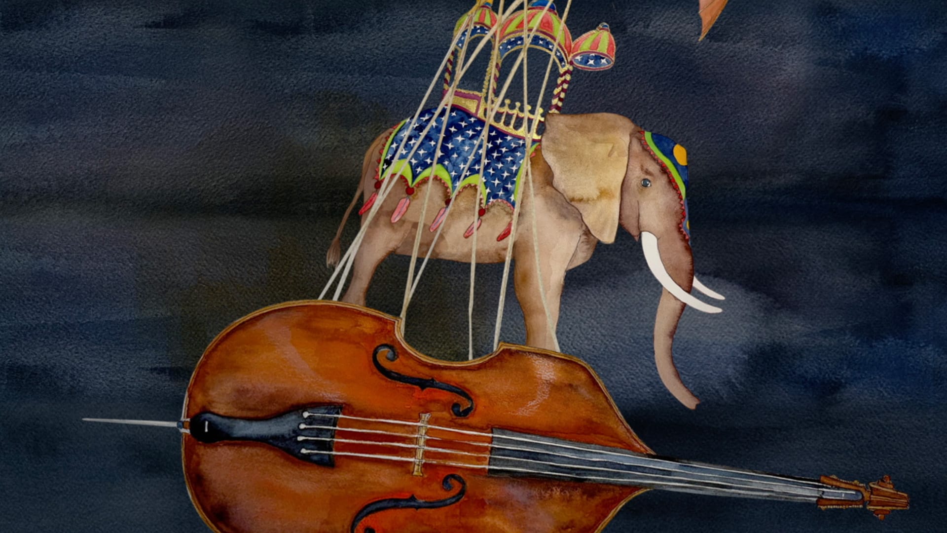 A stylised watercolour painting with a dark background of a circus elephant balancing on a double base lying on its side