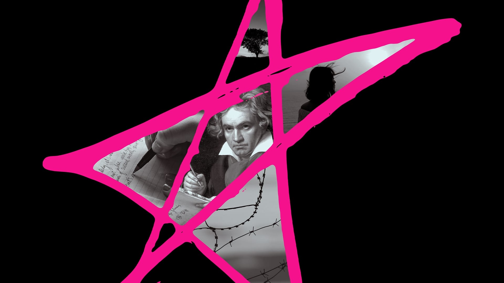 Black background, a black and white portrait of Beethoven inside a hand-drawn pink star.