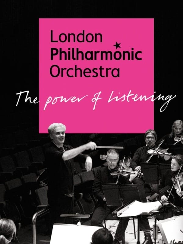 London Philharmonic Orchestra season brochure cover - Edward Gardner conducting the orchestra - black and white - text overlay, London Philharmonic Orchestra - The power of listening