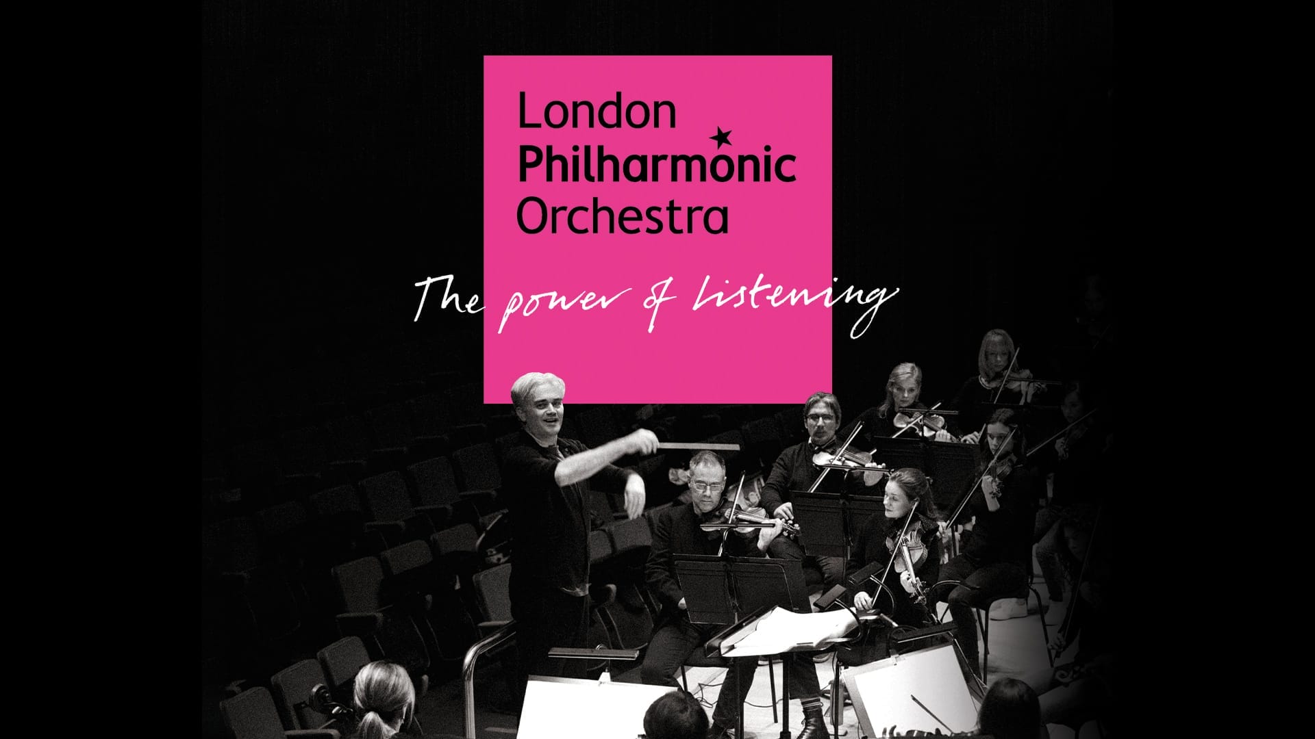 London Philharmonic Orchestra season brochure cover - Edward Gardner conducting the orchestra - black and white - text overlay, London Philharmonic Orchestra - The power of listening